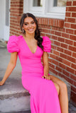 Short Sleeves Hot Pink V Neck Mermaid Long Formal HZ0307