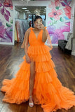 Tie Shoulders Yellow Tulle Ruffle Long Party HZ0307