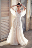 LTP0152,Ivory V Neck Beach Wedding Dresses With Lace Appliques Short Sleeves Wedding HZ0307