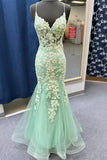 Straps Sage Green Lace Appliques Mermaid Long Prom HZ0307