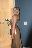 Beaded Gold Metallic Ruched Long Formal HZ0307