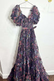Short Pufff Sleeves Floral Ruffle A-line Prom HZ0307