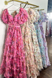 Short Pufff Sleeves Floral Ruffle A-line Prom HZ0307