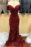Off the shoulder Burgundy Sequin Mermaid Prom HZ0307