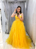 Yellow tulle long prom dress evening HZ0307