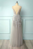 A-line Grey Tulle and Lace Long Formal HZ0307