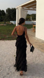 Black Chiffon Ruffle Evening Prom Dresses With Open HZ0307