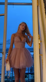 Blush Pink Tulle Homecoming Dresses Spaghetti Straps A-line Graduation Dress Short Prom HZ0307