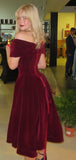 Burgundy Velvet Party Dress Off The Shoulder A-line Midi Gradaution HZ0307