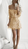 Champagne Off The Shoulder Homecoming Dresses Sequin Tassel Short Prom HZ0307