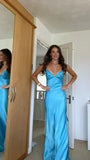 Charming Blue Sheath Prom Dresses Spaghetti Straps Beaded Party HZ0307