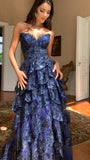Charming Navy Blue Lace Ruffle Prom Dresses Long Evening Party HZ0307