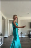Classy A line V Neckline Blue Satin Sleeveless Long Prom Dresses HZ0307