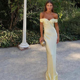 Classy Mermaid Off The Shoulder Yellow Satin Long Evening Dress Prom Dresses , HZ0307