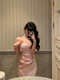 Classy Sheath Spaghetti Straps Pink Satin Prom Dresses Birthday Outfits Evening Gown, HZ0307