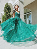 Dark Green A-Line Tulle Prom Dresses, Glitter Appliques Party HZ0307