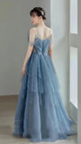 Fairy Blue Tulle Ruffle Prom Dresses V-neck Long Evening Party Dress With HZ0307