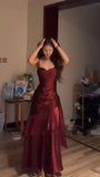 Burgundy Mermaid Prom Dress with Ruffles - Spaghetti Strap Evening HZ0307