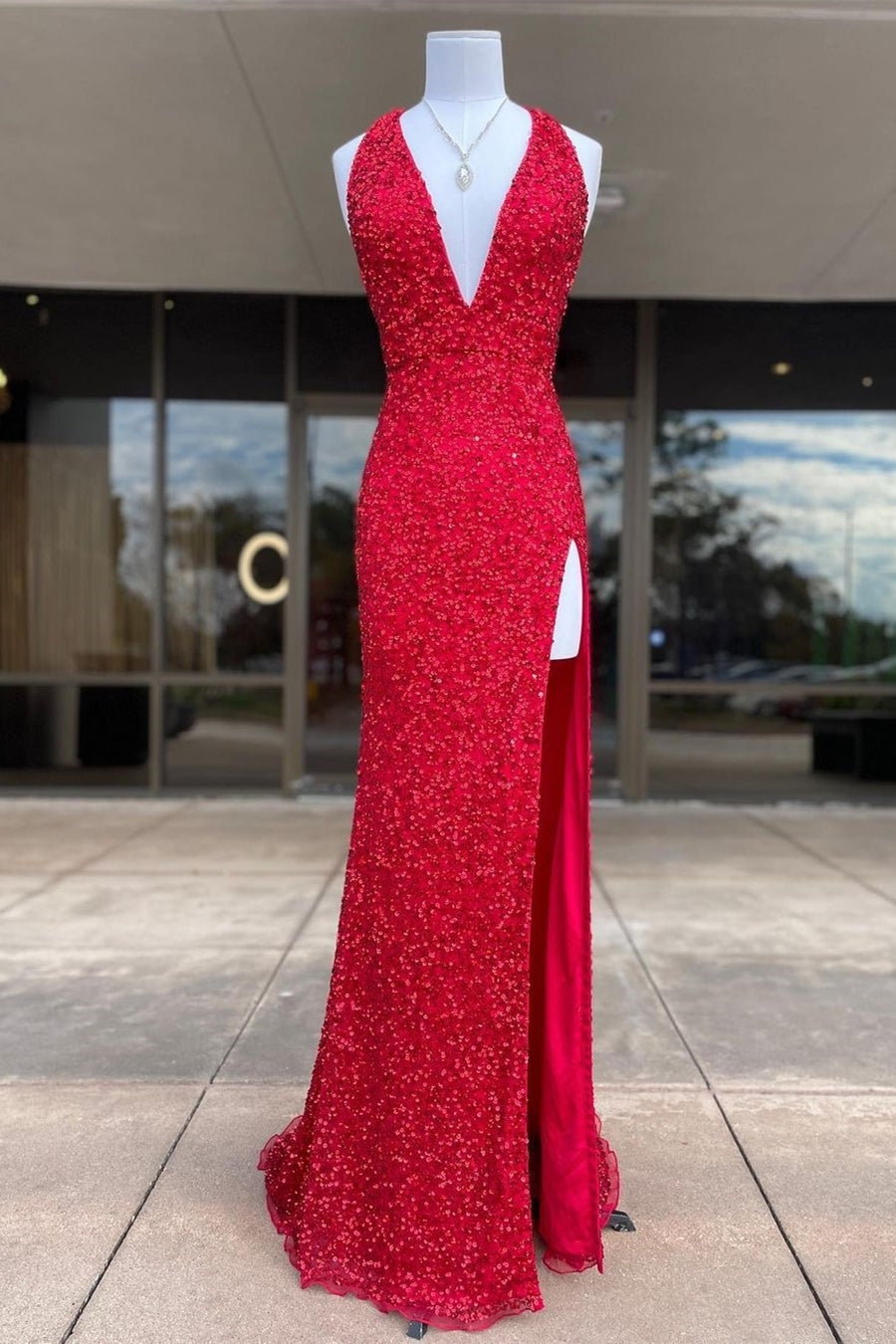 Halter Red Sequin Mermaid Side Slit Prom HZ0307