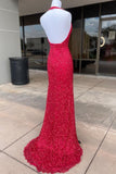 Halter Red Sequin Mermaid Side Slit Prom HZ0307