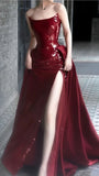 High Quality Burgundy Sequin Prom Dresses, Satin Formal Gown With Sexy HZ0307