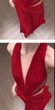 High Quality Red Beaded V-neck Sexy Prom Dresses Sleeveless Evening Party HZ0307