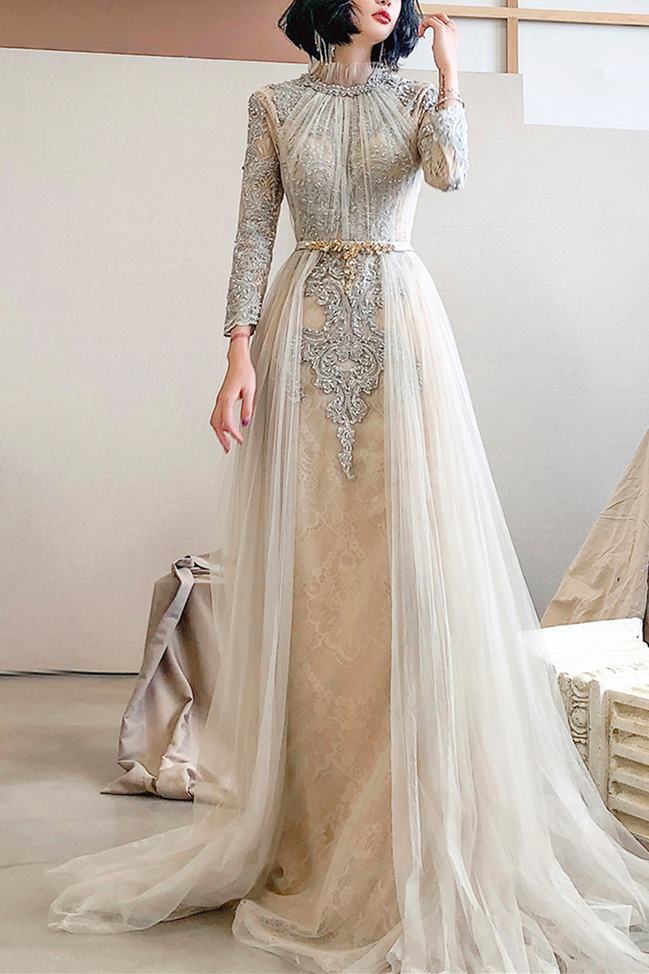 High Neck Light Champagne Long Sleeves Evening HZ0307
