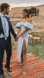 Off The Shoulder Prom Dress, Light Blue Split Party Dress, HZ0307