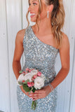 One Shoulder Silver Sequin Mermaid Long Formal Dress with HZ0307