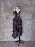 Pretty Irregular Ruffled Spaghetti Straps Grape Prom Dresses With Detachable Rose Long Birthday Dress For Women, HZ0307