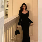 Pretty Mermaid Square Neckline Black Prom Dresses Birthday Outfits Evening Gowns , HZ0307