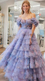 Purple Floral Ruffle Prom Dress, Floor Length Evening Party Dresses, HZ0307