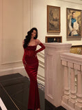 Sexy Sheath Spaghetti Straps Lace Red Velvet Long Prom Dresses Birthday Outfits With Gloves , HZ0307