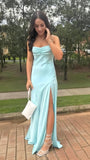 Simple Tiffany Blue Sheath Long Prom Dresses Evening Party Dress With Side HZ0307