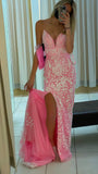 Spaghetti Straps V-Neck Prom Dress, Pink Lace Evening Party Dress, HZ0307