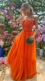Strapless Orange Tulle Long Prom Dress, HZ0307
