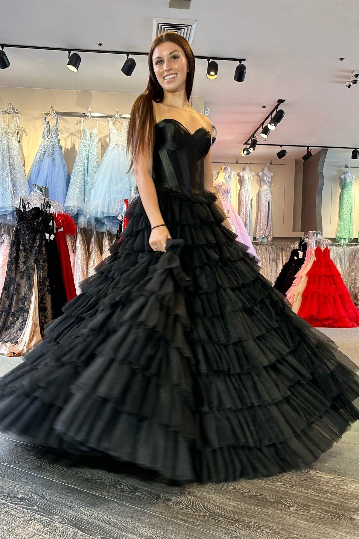 Sweetheart Corset Black Tiered Ruffles Long Formal HZ0307