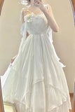 Vintage A line Spaghetti Straps White Floral Long Birthday Dresses Prom Dress Chiffon Birthday Outfits HZ0307