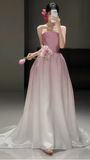 White Pink Strapless Party Dresses, Long Prom Dress With Sweep Train, HZ0307
