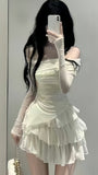 Off The Shoulder Chiffon Long Sleeves Homecoming Dresses Ivory Short Prom HZ0307